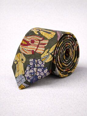 Charleston The Rack Silk Colorful Robes Patterned Necktie Olive Novelty Print